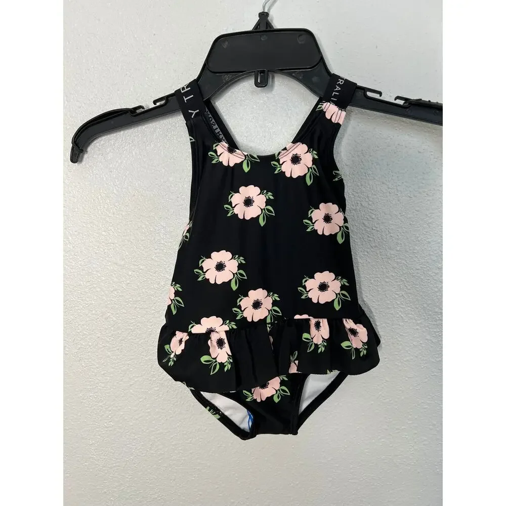 Tiny Tribe Toddler Floral One-Piece Swimsuit Black Pink Cross Back Sz 6-9 Months